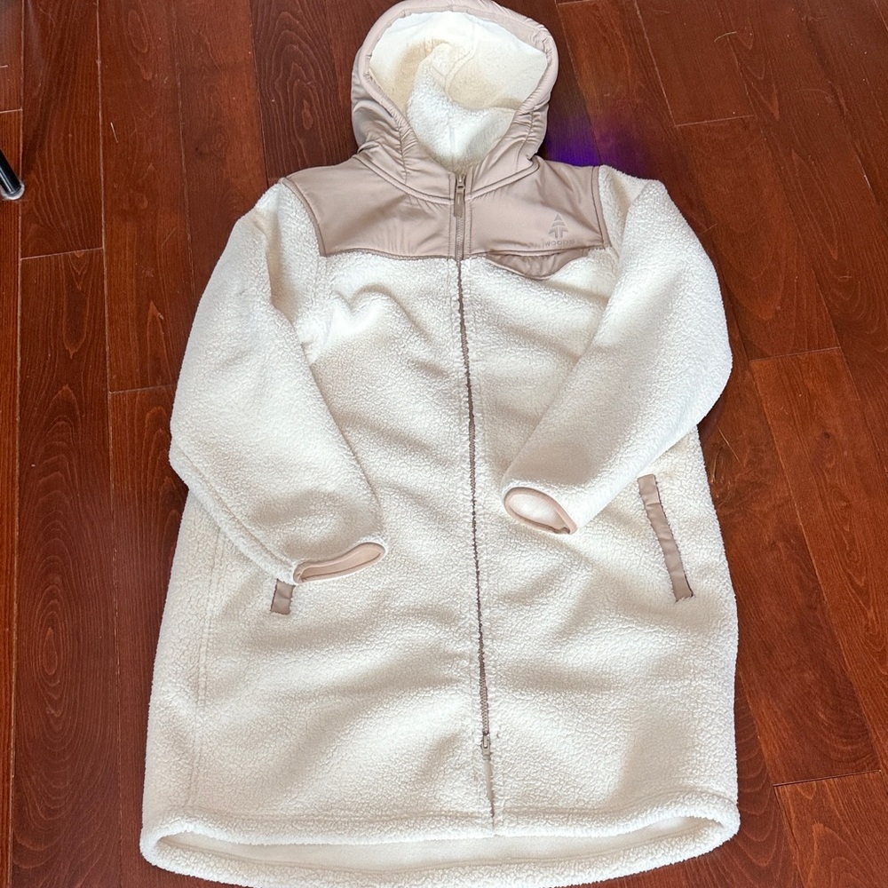 Woods 3/4 length Sherpa coat. Cream and Tan Hooded Jacket